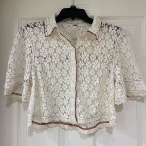 New Free People Cream Lace Floral Blouse with Red Trim